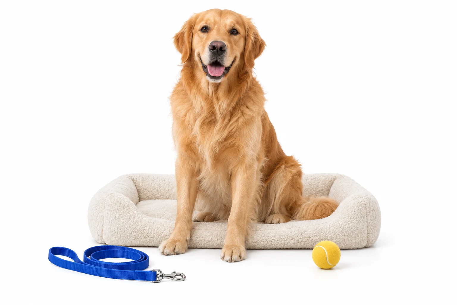 Golden retriever na jasnym legowisku, obok niebieska smycz i żółta piłka